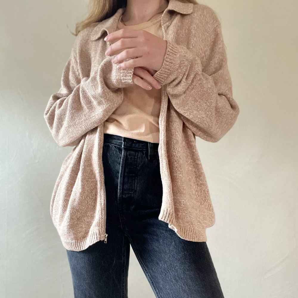 Marled Biege Knit Collared Zip Up